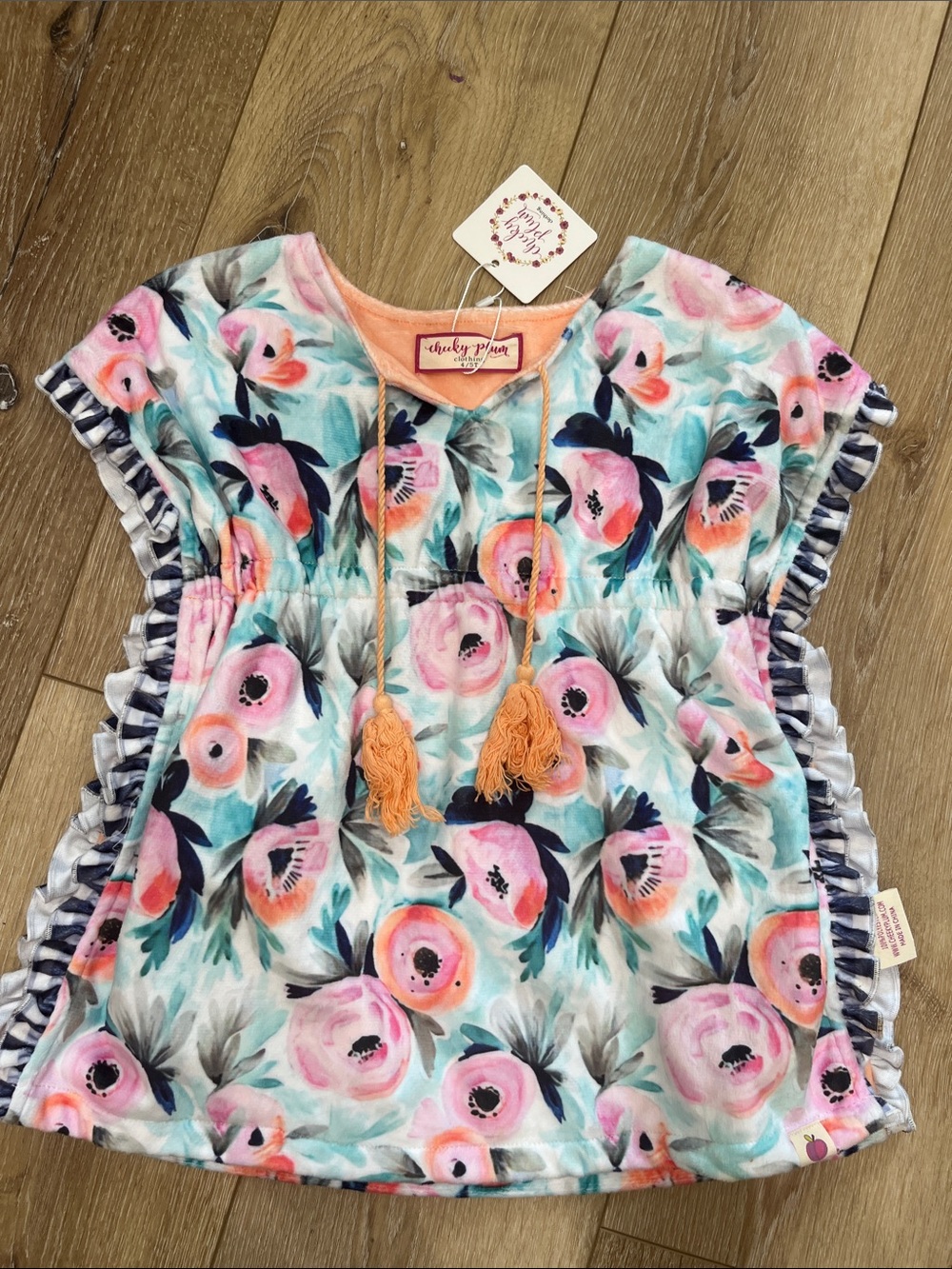 Cheeky Plum Coral, Pink, and Navy Floral Swim Cover Up Tassel Tie 4/5T NWT